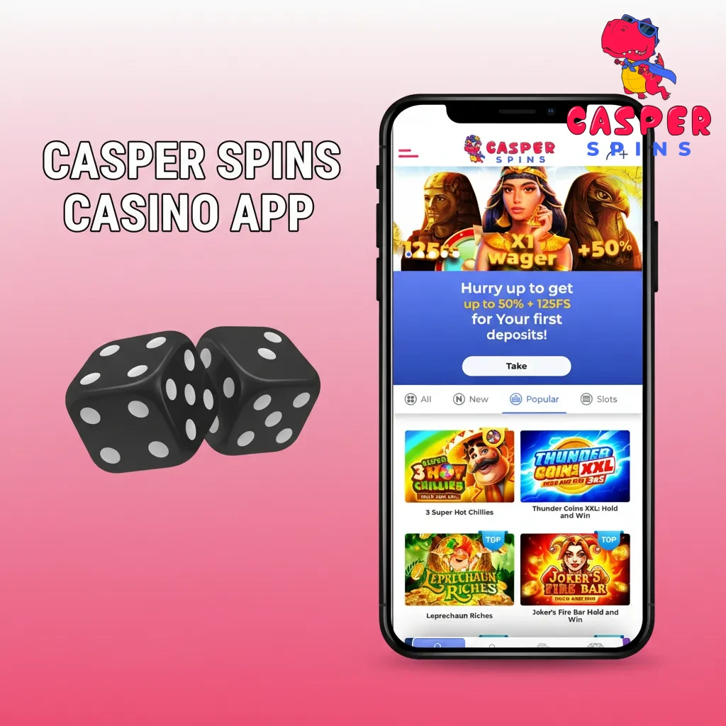 Casper Spins Casino app home with tables, live events, slots, live dealers, and promotions; one tap sports/casino switch