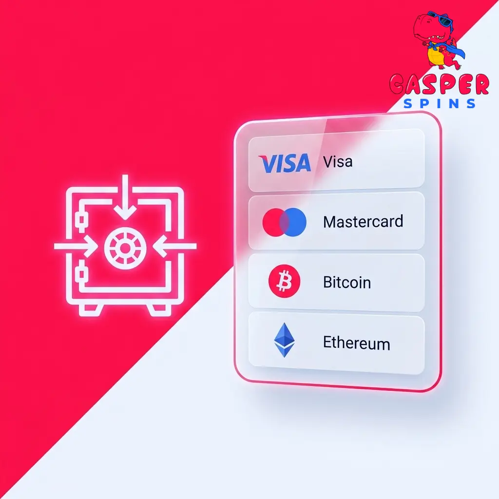 Casper Spins deposit methods including Visa, Mastercard, Bitcoin, Ethereum, Litecoin, USDT, and Ripple