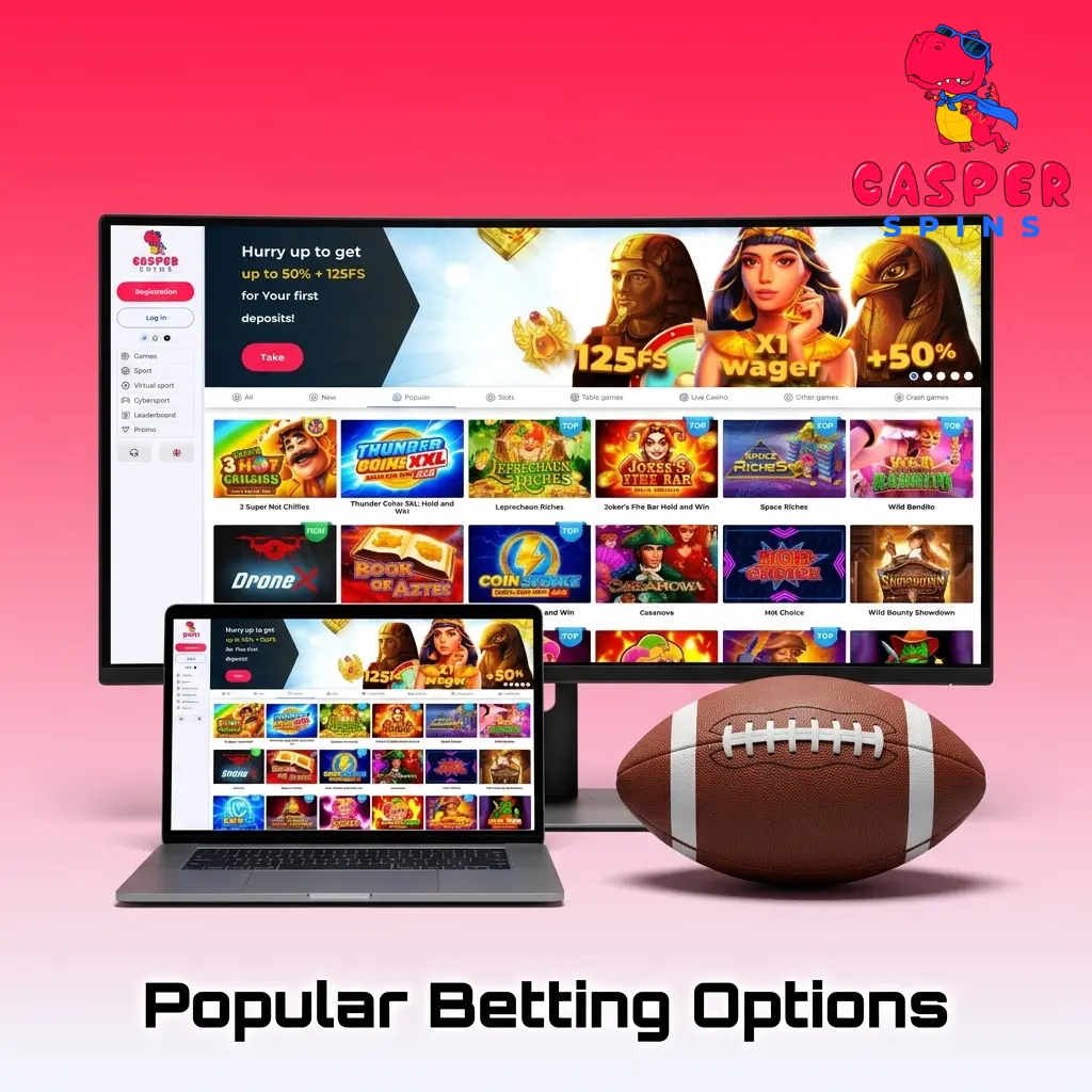 Popular betting options at Casper Spins including live betting, pre-game lines, and multi live accumulators for UK players