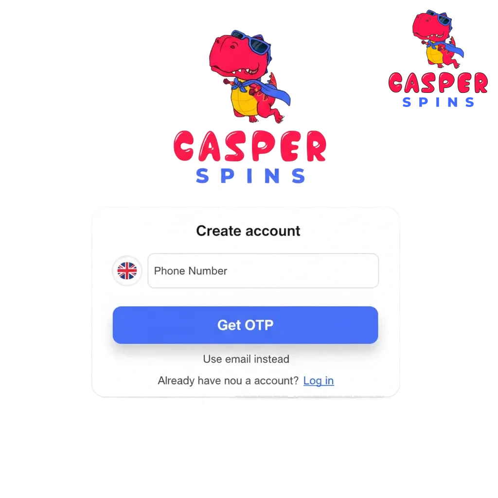 Casper Spins registration, login, and verification with app and web screens, security shield, support, 50% + 125 Free Spins
