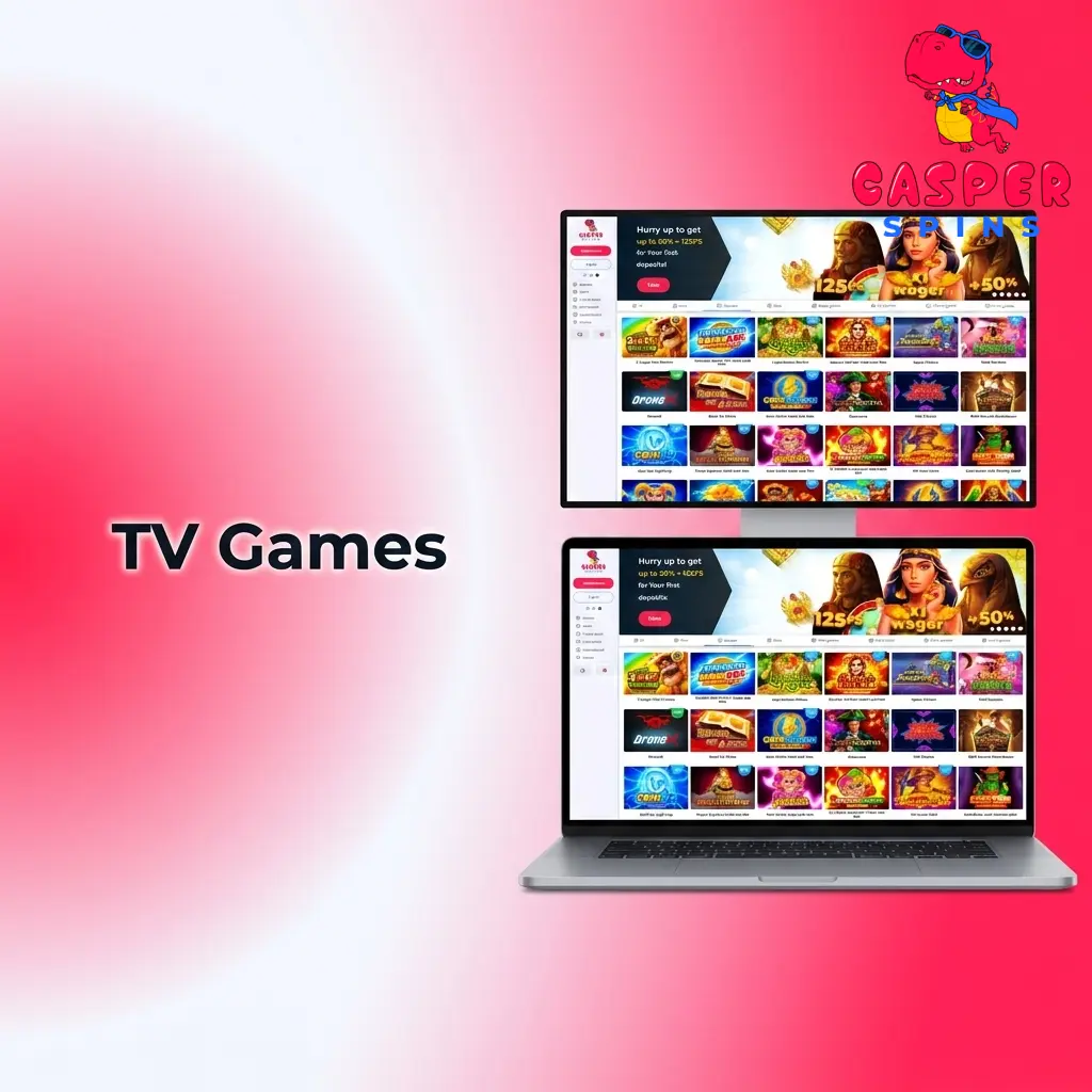 Live TV game show betting at Casper Spins featuring wheel games, lottery, bingo, card draw, and dice shows
