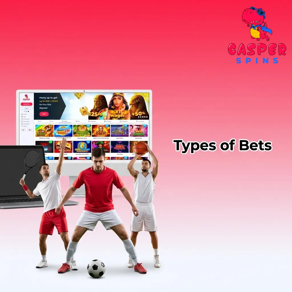 Diagram showing three bet types on Casper Spins: Single, Parlay Accumulator, and System bets explained