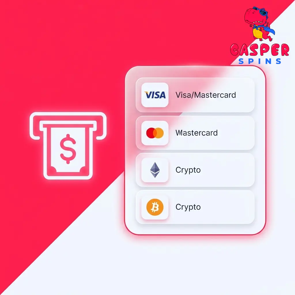Casper Spins withdrawal methods including Visa, Mastercard, Bitcoin, Ethereum, Litecoin, Tether, and Ripple