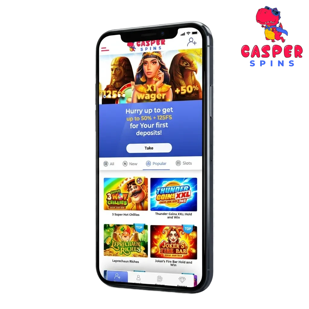 Casper Spins app for Android APK and iOS; sports betting, casino, Visa/Mastercard, crypto; 50% up to £200 + 125 free spins.