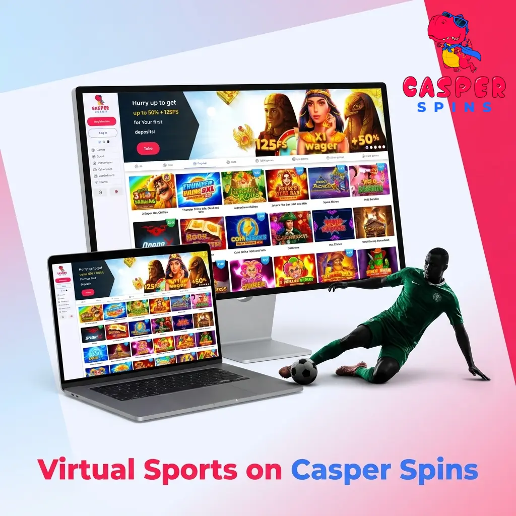 Virtual sports lobby at Casper Spins featuring football, horse racing, basketball, tennis and greyhound racing simulations
