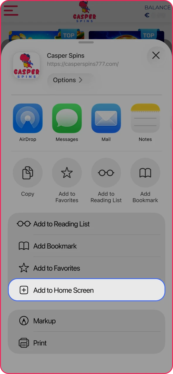 Add Casper Spins app to home screen and launch play.