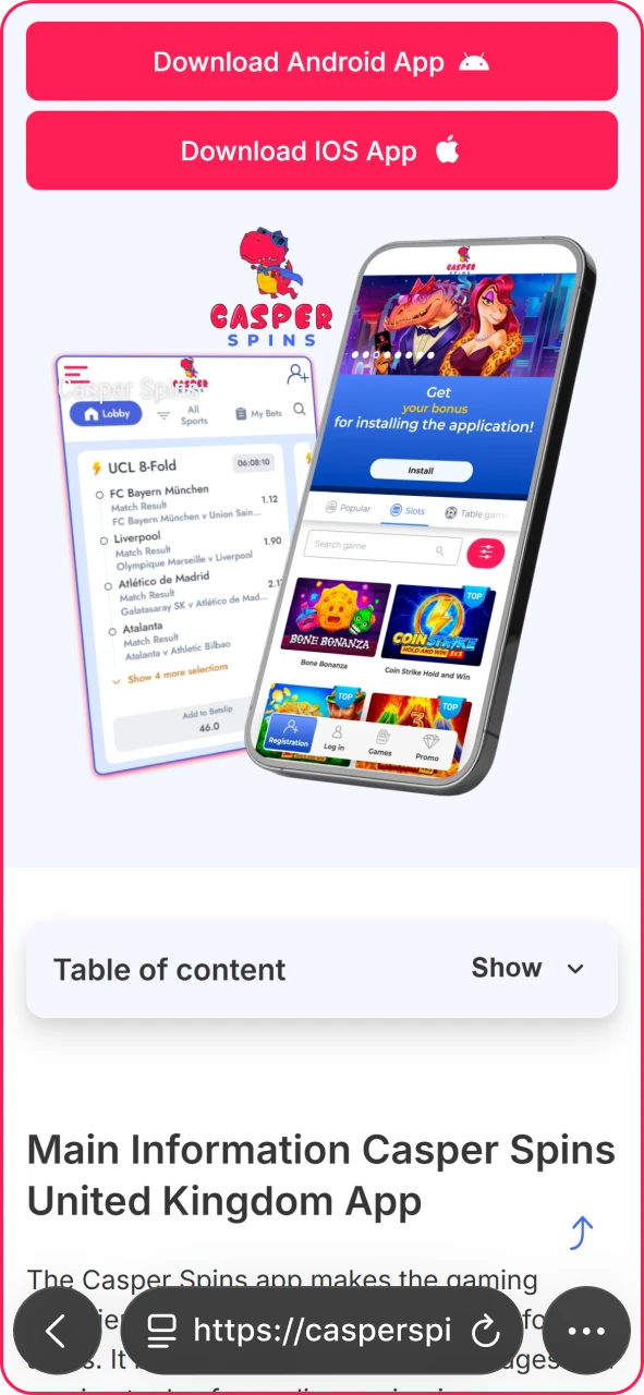Open Casper Spins site in Safari to start app setup.