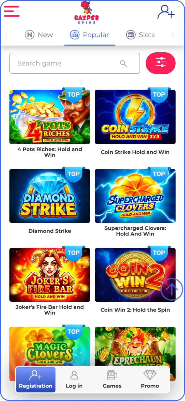 Browse Casper Spins casino interface and start playing games.