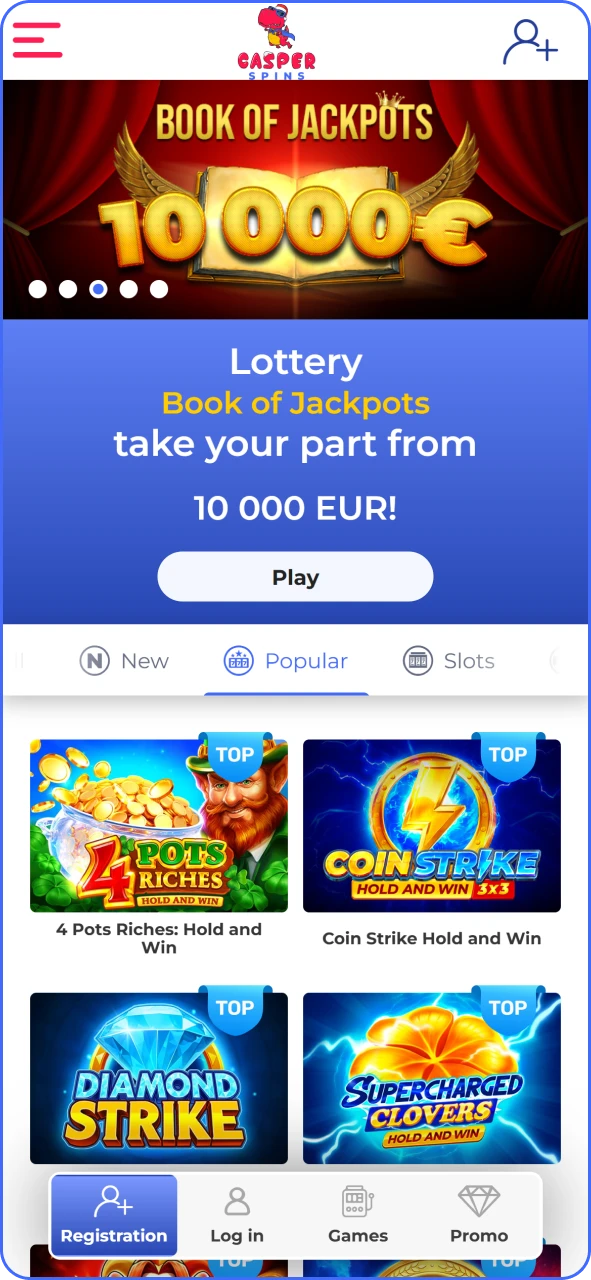 Explore Casper Spins homepage with all features and options.